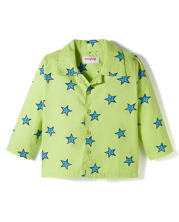 Babyhug Cotton Woven Full Sleeves Co-ords Night Suit With Star Print - Green