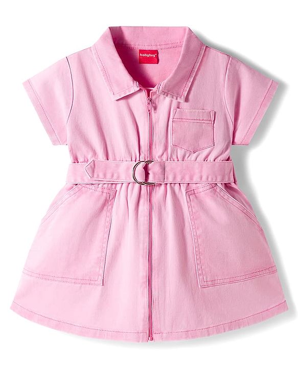 Babyhug Cotton Knit Half Sleeves Solid Color Frock with Belt - Pink