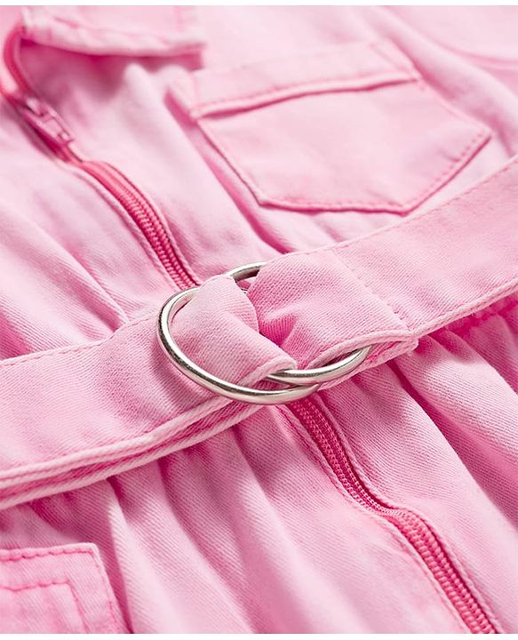 Babyhug Cotton Knit Half Sleeves Solid Color Frock with Belt - Pink
