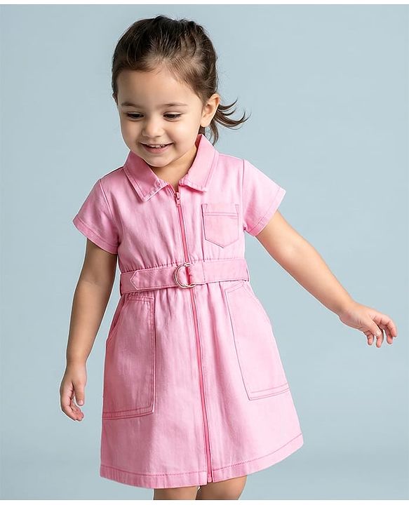 Babyhug Cotton Knit Half Sleeves Solid Color Frock with Belt - Pink