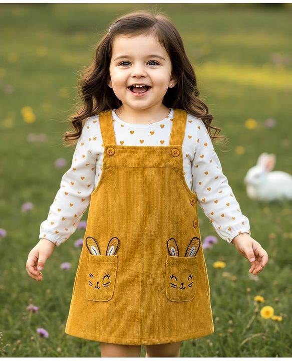 Babyhug Cotton Knit Full Sleeves Inner Tee & Frock With Heart Print & Rabbit Embroidery - Yellow & White