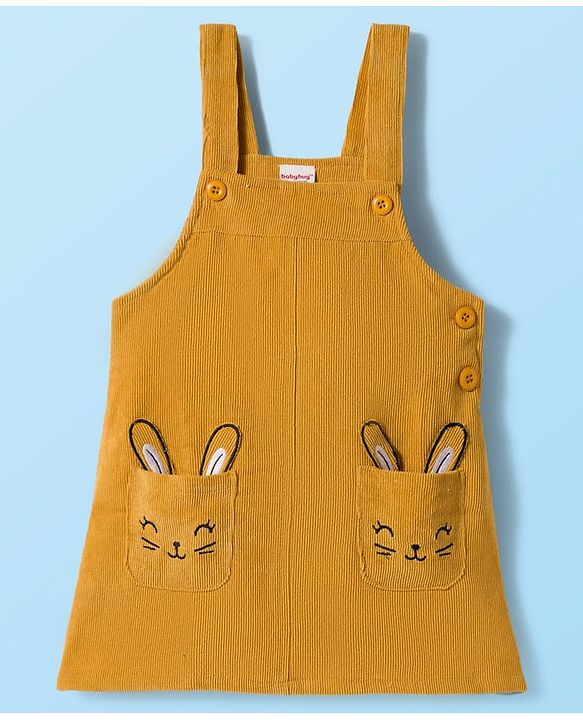 Babyhug Cotton Knit Full Sleeves Inner Tee & Frock With Heart Print & Rabbit Embroidery - Yellow & White