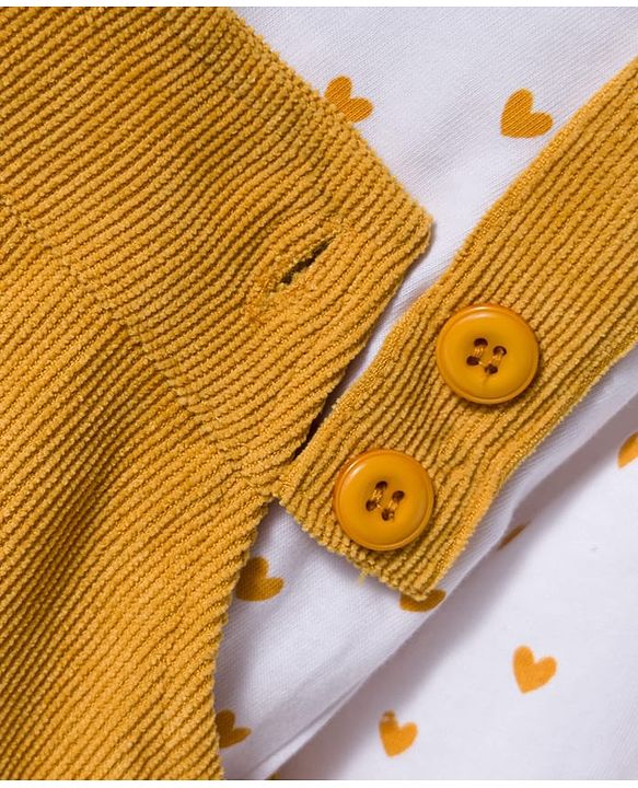Babyhug Cotton Knit Full Sleeves Inner Tee & Frock With Heart Print & Rabbit Embroidery - Yellow & White