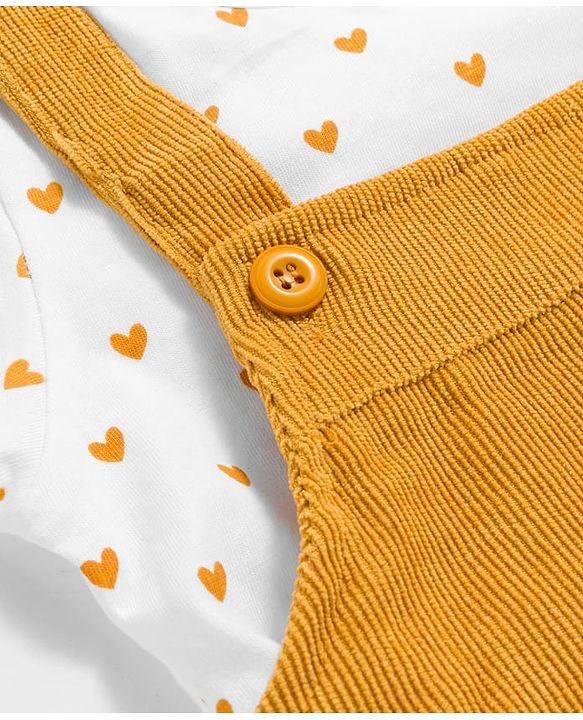 Babyhug Cotton Knit Full Sleeves Inner Tee & Frock With Heart Print & Rabbit Embroidery - Yellow & White