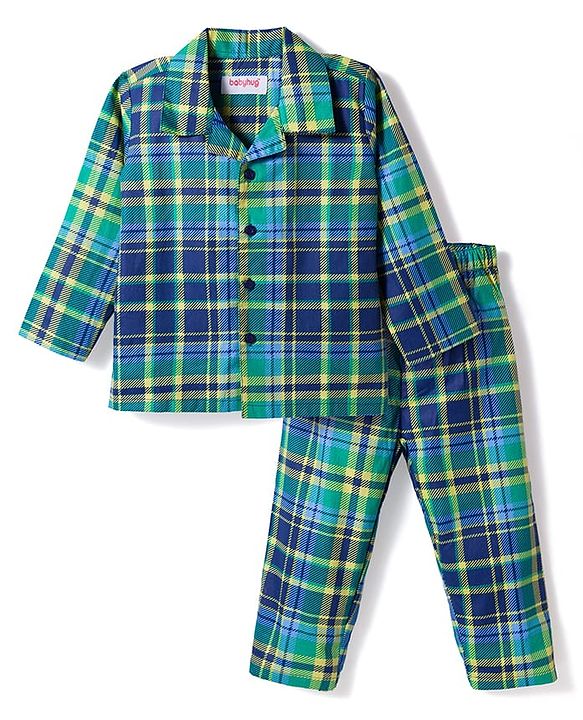 Babyhug Cotton Woven Full Sleeves Co-ords Night Suit With Checks  - Blue