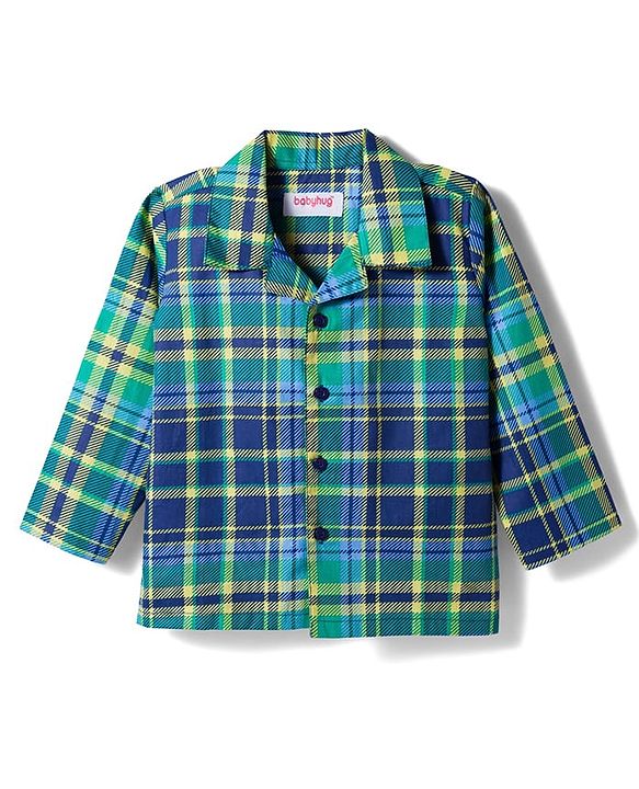 Babyhug Cotton Woven Full Sleeves Co-ords Night Suit With Checks  - Blue
