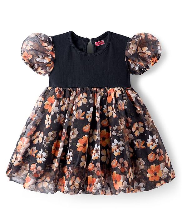Babyhug Cotton Woven Half Sleeves Frock With Floral Print - Black