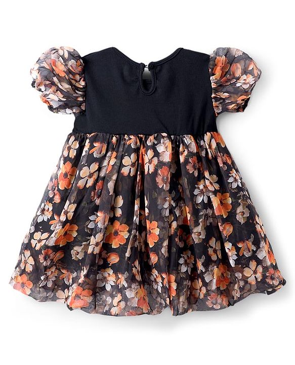 Babyhug Cotton Woven Half Sleeves Frock With Floral Print - Black