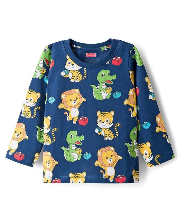 Babyhug Cotton Knit Full Sleeves Co-ords Night Suit With Animal Print - Navy Blue