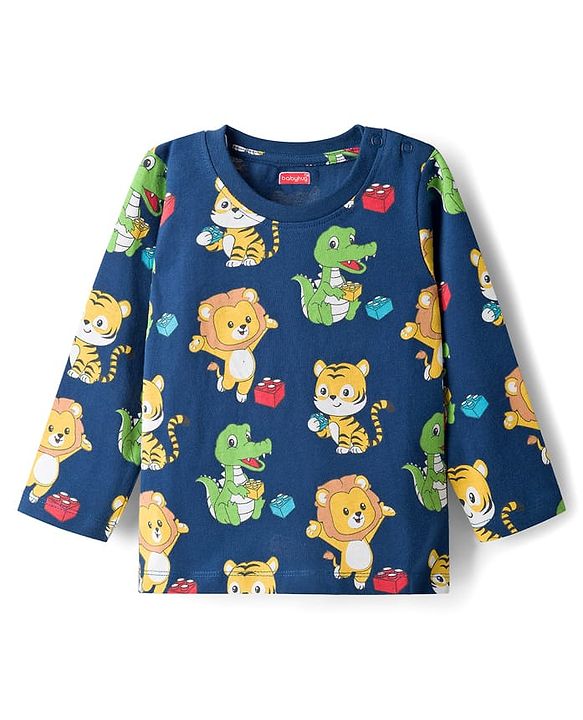 Babyhug Cotton Knit Full Sleeves Co-ords Night Suit With Animal Print - Navy Blue