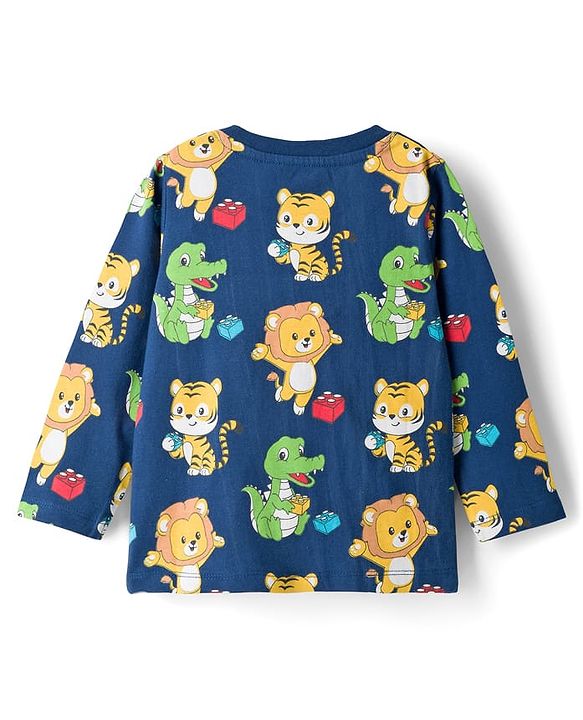 Babyhug Cotton Knit Full Sleeves Co-ords Night Suit With Animal Print - Navy Blue
