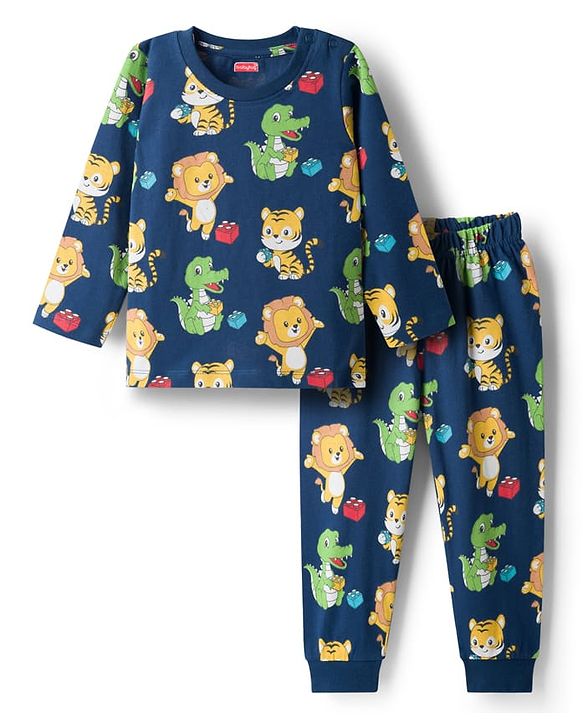 Babyhug Cotton Knit Full Sleeves Co-ords Night Suit With Animal Print - Navy Blue