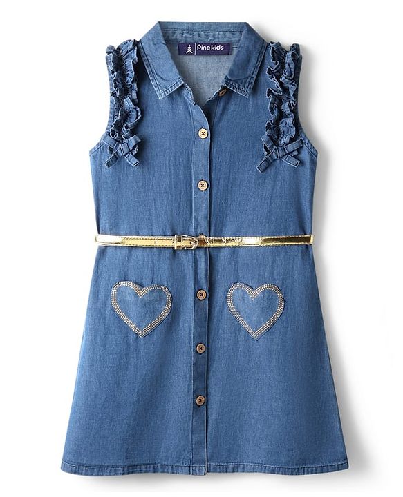 Pine Kids Cotton Woven Frill Sleeves Frock with Heart Patch & Belt - Navy Blue