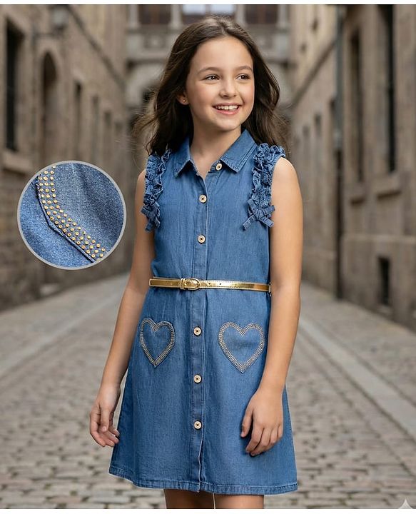 Pine Kids Cotton Woven Frill Sleeves Frock with Heart Patch & Belt - Navy Blue