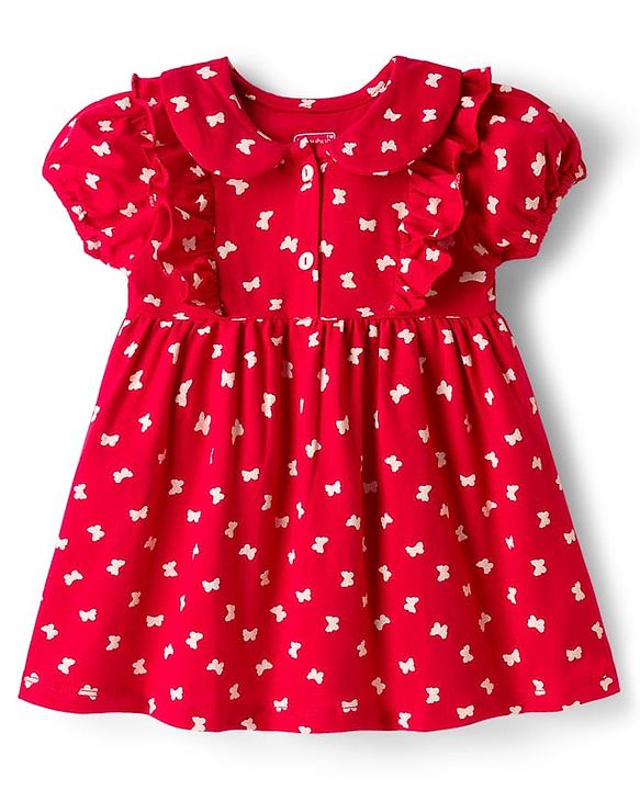 Babyhug Cotton Knit Half Sleeves Frock With Butterfly Print - Red