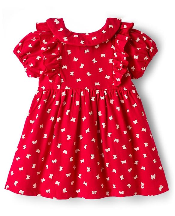 Babyhug Cotton Knit Half Sleeves Frock With Butterfly Print - Red