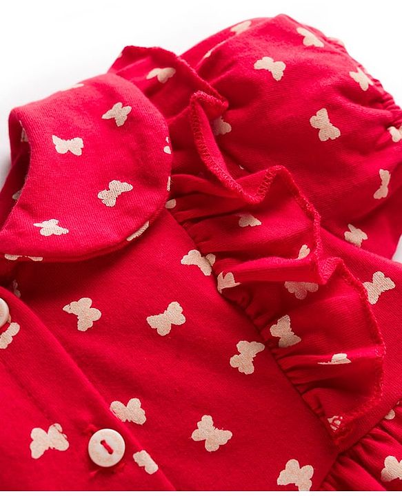 Babyhug Cotton Knit Half Sleeves Frock With Butterfly Print - Red