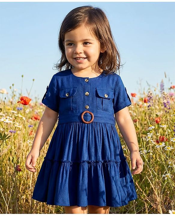 Babyhug Cotton Woven Half Sleeves Solid Frock - Navy Blue