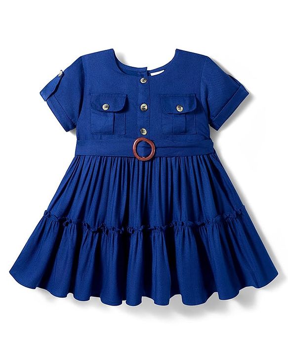 Babyhug Cotton Woven Half Sleeves Solid Frock - Navy Blue
