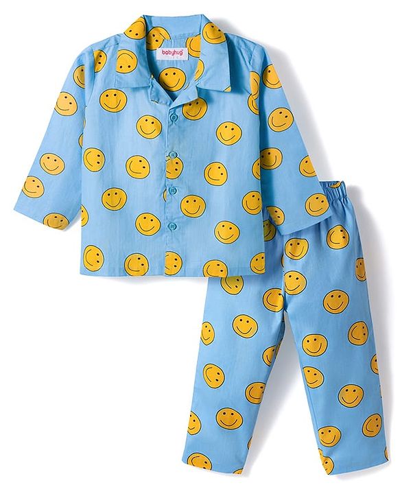 Babyhug Cotton Woven Full Sleeves Co-ords Night Suit With Smiley Print - Blue