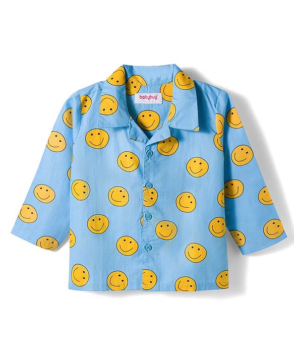 Babyhug Cotton Woven Full Sleeves Co-ords Night Suit With Smiley Print - Blue
