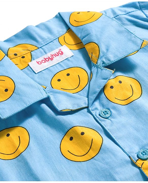 Babyhug Cotton Woven Full Sleeves Co-ords Night Suit With Smiley Print - Blue