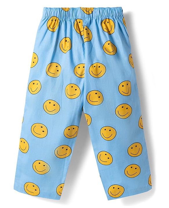 Babyhug Cotton Woven Full Sleeves Co-ords Night Suit With Smiley Print - Blue