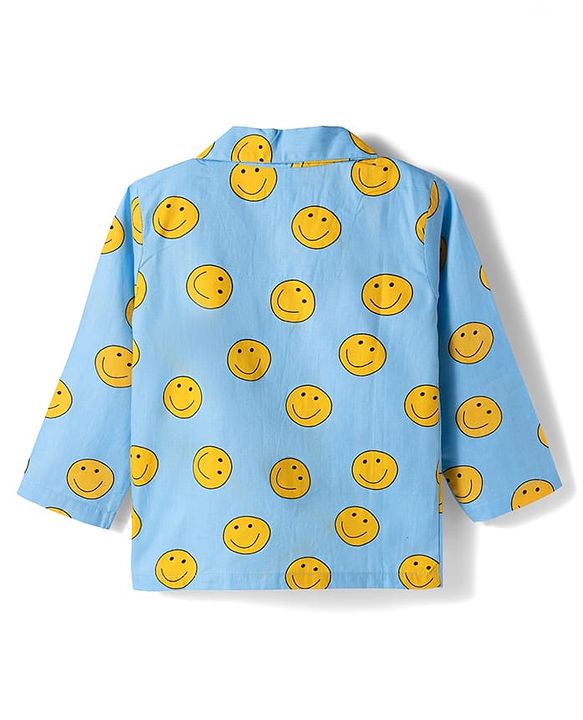 Babyhug Cotton Woven Full Sleeves Co-ords Night Suit With Smiley Print - Blue