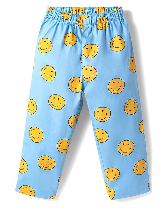 Babyhug Cotton Woven Full Sleeves Co-ords Night Suit With Smiley Print - Blue