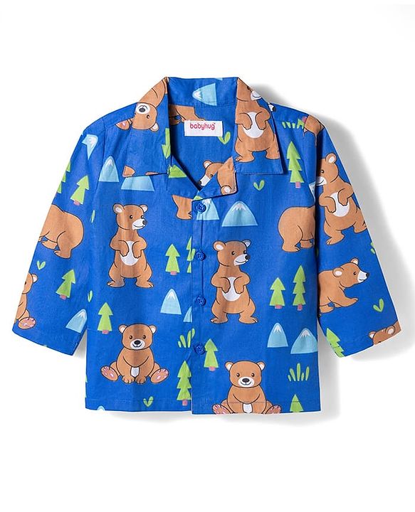 Babyhug Cotton Woven Full Sleeves Night Suit With Animal Print - Navy Blue