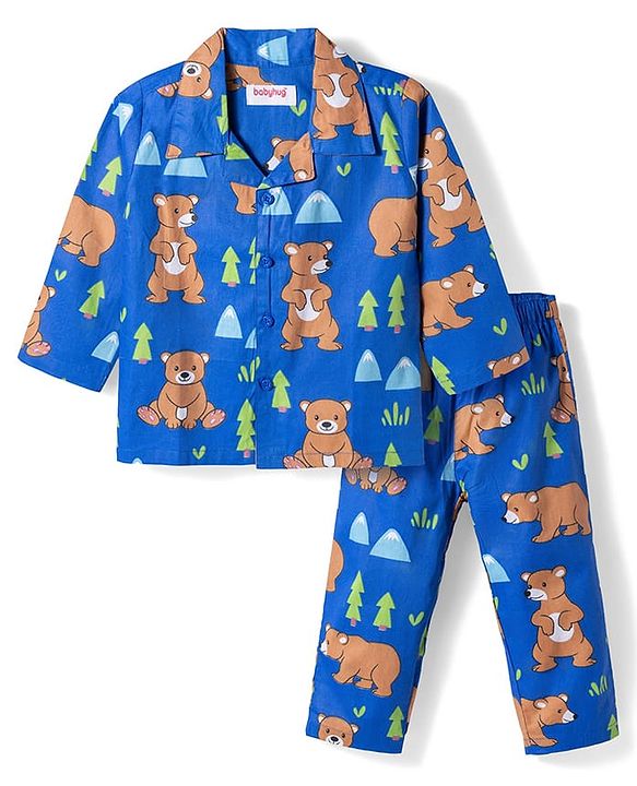 Babyhug Cotton Woven Full Sleeves Night Suit With Animal Print - Navy Blue