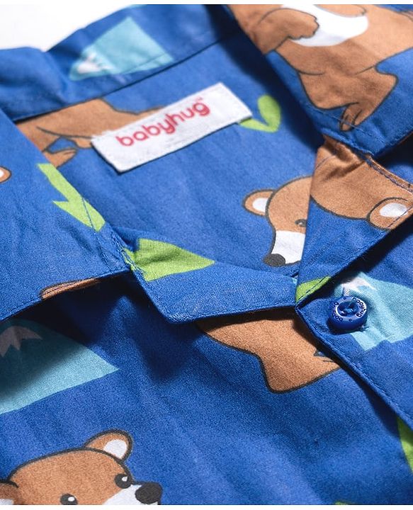 Babyhug Cotton Woven Full Sleeves Night Suit With Animal Print - Navy Blue