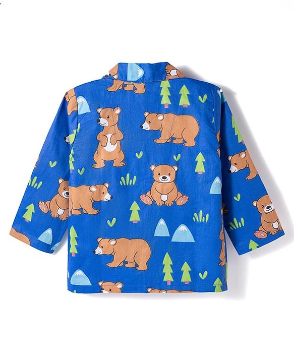 Babyhug Cotton Woven Full Sleeves Night Suit With Animal Print - Navy Blue