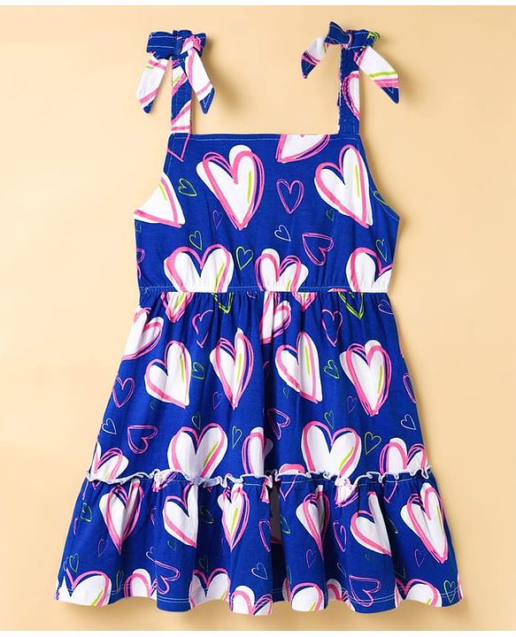 Pine Kids Cotton Knit Half Flutter Sleeves Tiered Frock with Inner T-Shirt & Heart Print - Multicolor