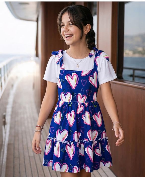 Pine Kids Cotton Knit Half Flutter Sleeves Tiered Frock with Inner T-Shirt & Heart Print - Multicolor