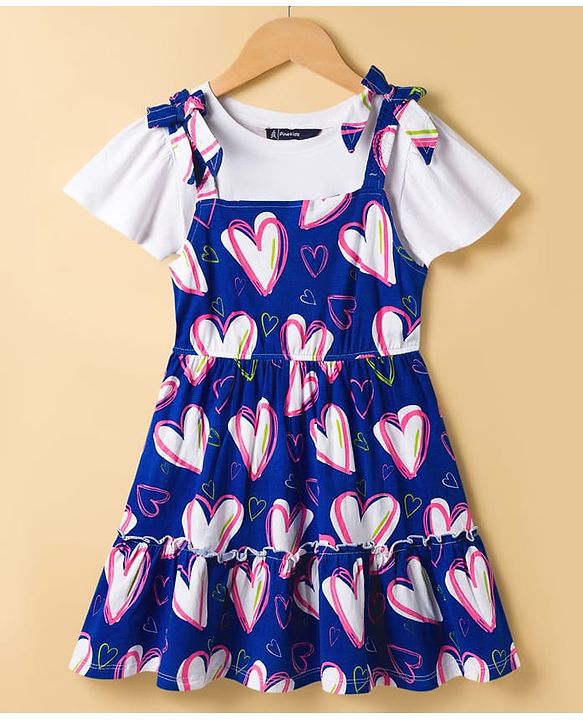 Pine Kids Cotton Knit Half Flutter Sleeves Tiered Frock with Inner T-Shirt & Heart Print - Multicolor