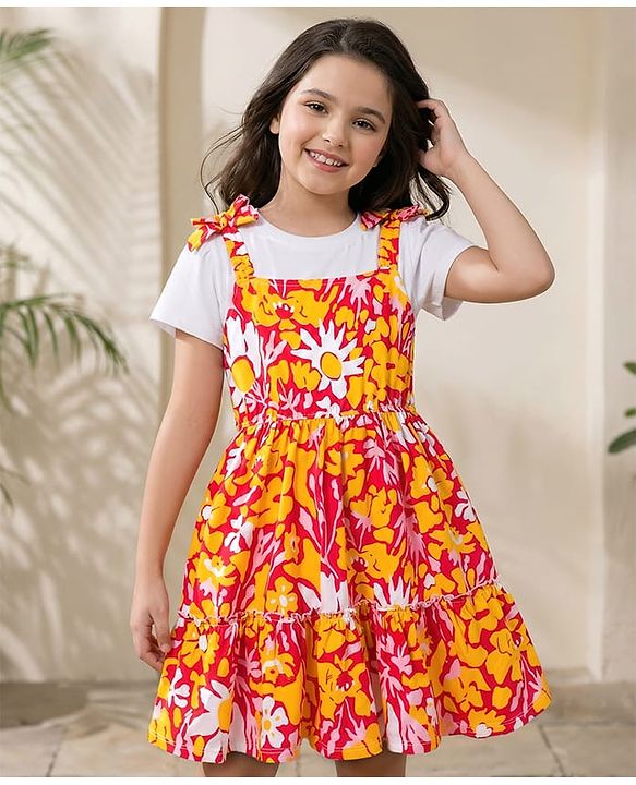 Pine Kids Cotton Knit Half Flutter Sleeves Tiered Frock with Inner T-Shirt & Floral Print - Multicolor