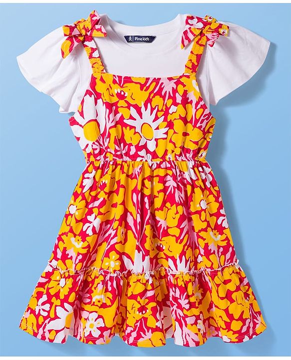 Pine Kids Cotton Knit Half Flutter Sleeves Tiered Frock with Inner T-Shirt & Floral Print - Multicolor