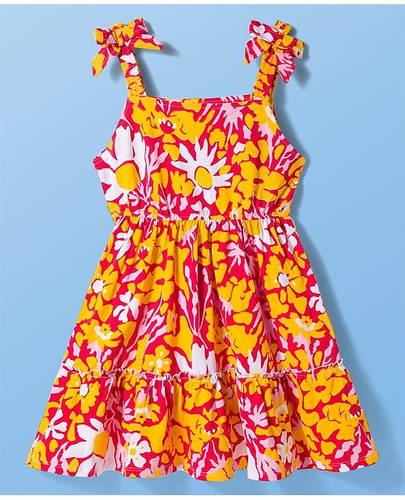 Pine Kids Cotton Knit Half Flutter Sleeves Tiered Frock with Inner T-Shirt & Floral Print - Multicolor