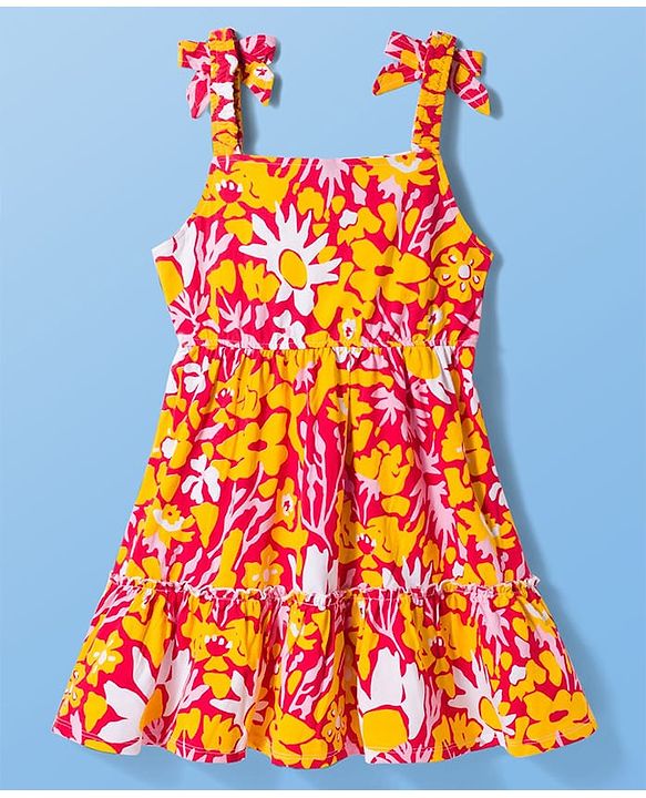 Pine Kids Cotton Knit Half Flutter Sleeves Tiered Frock with Inner T-Shirt & Floral Print - Multicolor