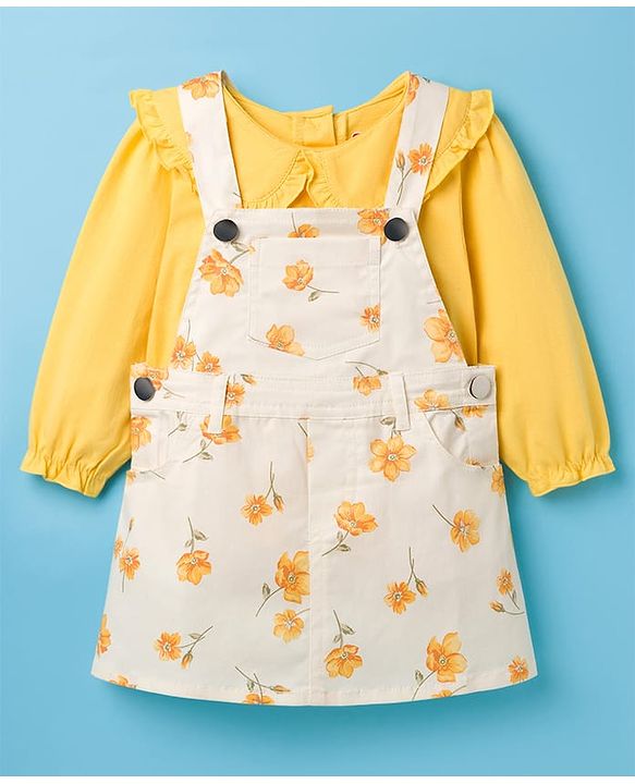 Babyhug Twill Woven Floral Printed Frock with Full Sleeves Inner Tee - White & Yellow