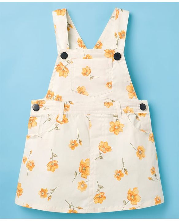 Babyhug Twill Woven Floral Printed Frock with Full Sleeves Inner Tee - White & Yellow