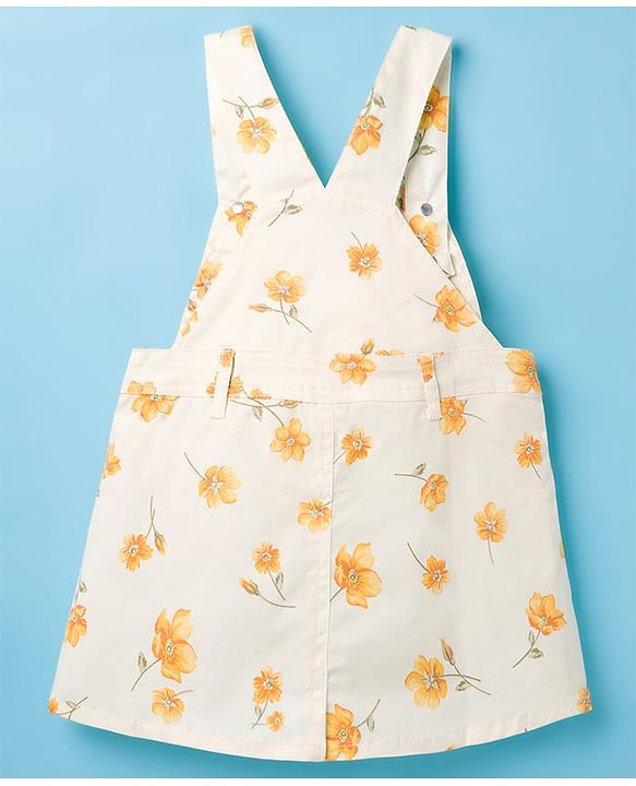Babyhug Twill Woven Floral Printed Frock with Full Sleeves Inner Tee - White & Yellow