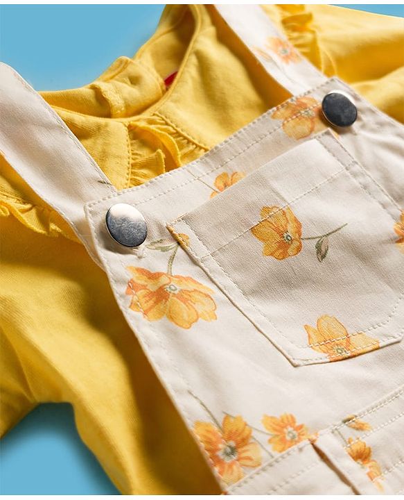 Babyhug Twill Woven Floral Printed Frock with Full Sleeves Inner Tee - White & Yellow