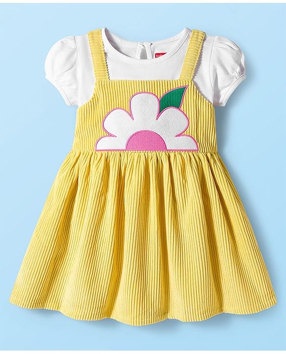 Babyhug Single Jersey Knit Half Puffed Sleeves Frock with Inner Tee & Floral Embroidery - Yellow & White