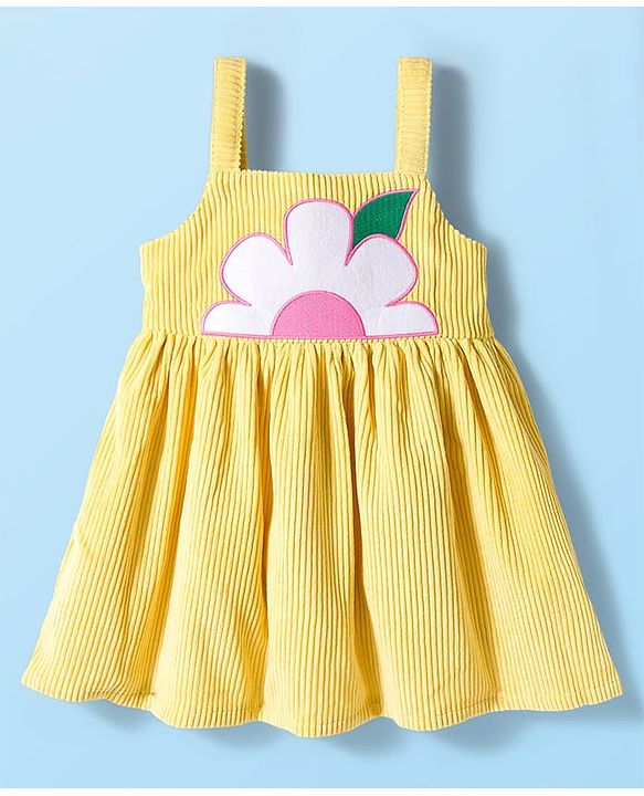 Babyhug Single Jersey Knit Half Puffed Sleeves Frock with Inner Tee & Floral Embroidery - Yellow & White