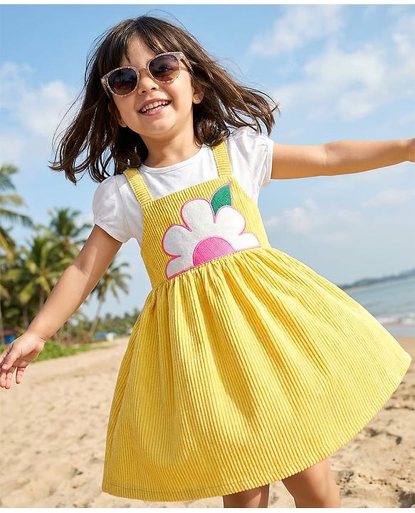 Babyhug Single Jersey Knit Half Puffed Sleeves Frock with Inner Tee & Floral Embroidery - Yellow & White