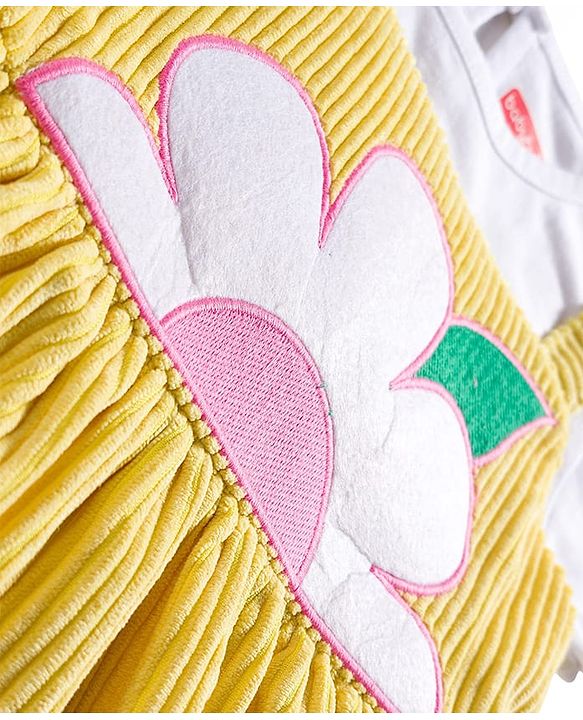 Babyhug Single Jersey Knit Half Puffed Sleeves Frock with Inner Tee & Floral Embroidery - Yellow & White