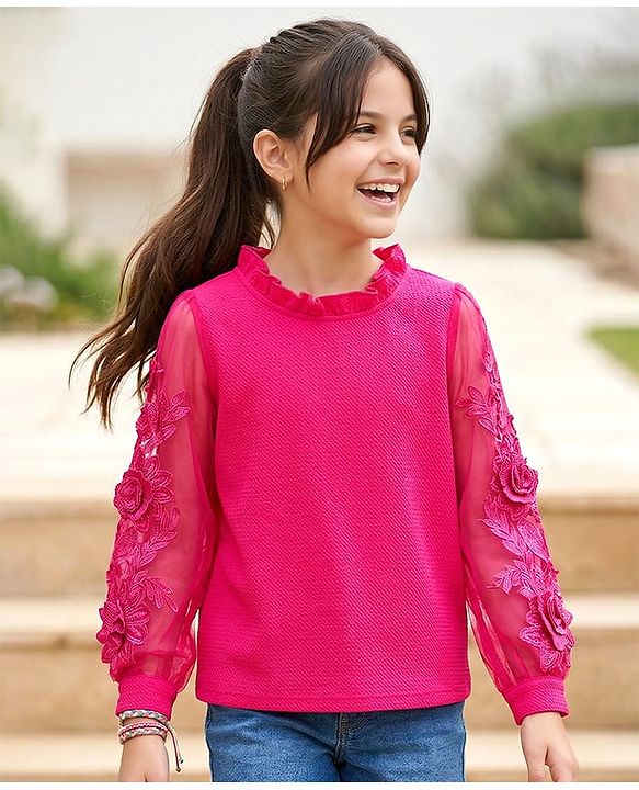 Pine Kids Woven Full Sleeves Top with Floral Embroidery - Dark Pink