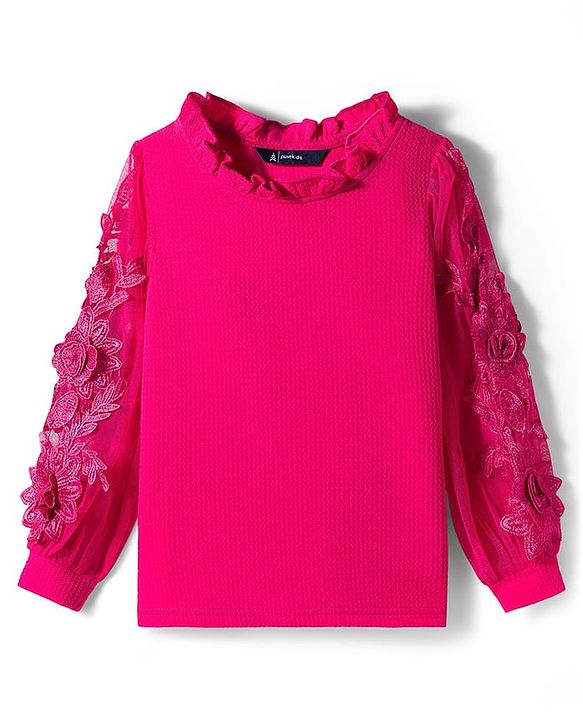 Pine Kids Woven Full Sleeves Top with Floral Embroidery - Dark Pink